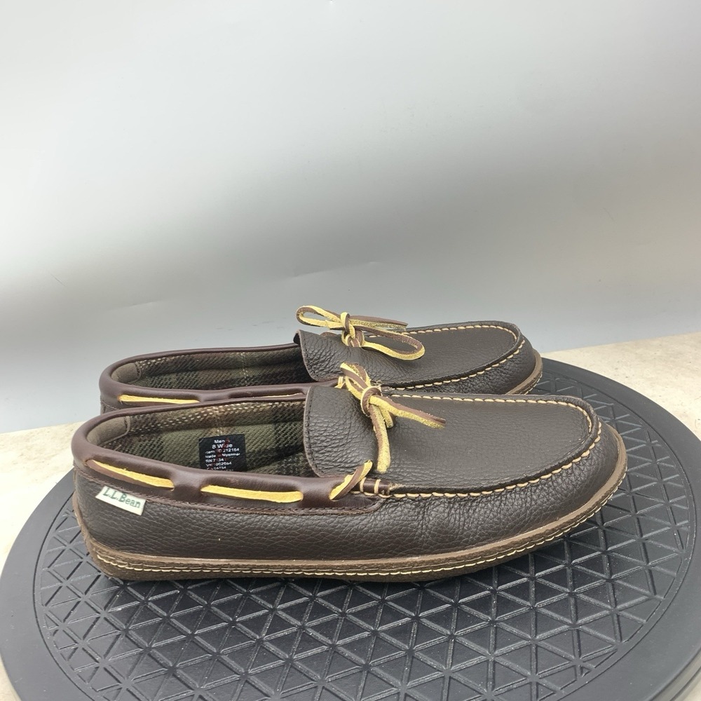 LL Bean Slippers Men Size 8 WIDE Shoes Brown Leather Flannel Lined Handsewn